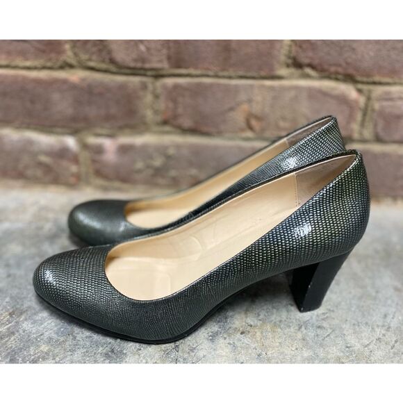 Calvin Klein Renni Olive Patent Leather Metallic Snakeskin Block Heel Si… - Picture 3 of 8